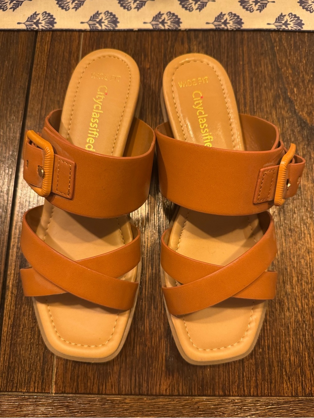 Cityclassified Women’s Tan-Slide Sandals with Buckle Accent- wide foot friendly